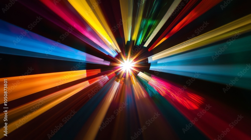 Poster A spectrum of light rays converging into a central point, symbolizing the clarity and unity achieved through diverse perspectives, photography style
