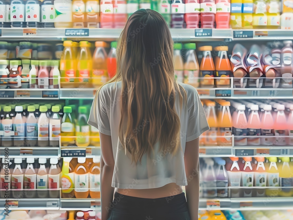 Wall mural back view of young women looking at bottle of juice in supermarket