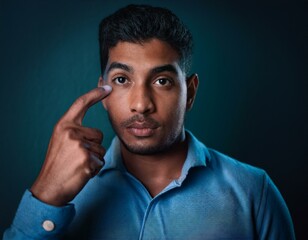 Portrait of a man pointing to his eye. The man wears a blue shirt and the image has a green background