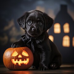 Obraz premium A black puppy dressed as a zombie, sitting next to a carved pumpkin, with a haunted house silhouette in the background
