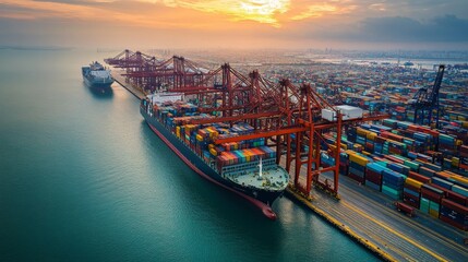 Naklejka premium Aerial perspective of a cargo ship convoy crossing international waters