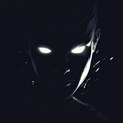 A dark silhouette with glowing white eyes emerging from shadows, high contrast, minimalist style, neon accents