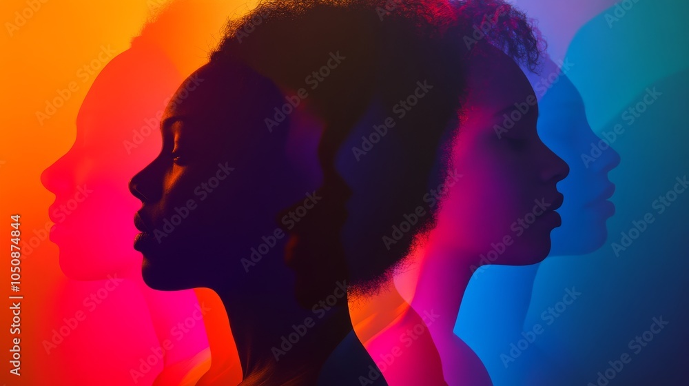 Poster a spectrum of voices, featuring abstract shapes in gradient hues, symbolizing representation and equ