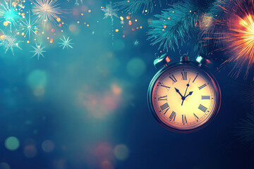 Clock striking midnight amidst fireworks and Christmas tree's glow.