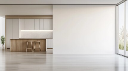Mock-up of white wall in minimalist kitchen interior, empty space for your content