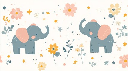 Naklejka premium Baby elephant with hearts and stars, whimsical vector illustration, perfect for nursery decor and wrapping paper