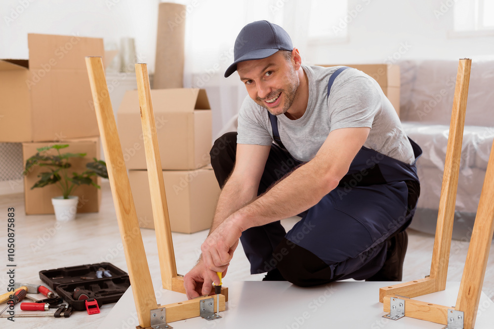 Poster furniture transportation and assembly. professional carpenter assembling table sitting on floor in r