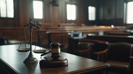 A stark courtroom scene featuring a judge's gavel and scales of justice, Symbolizing legal fairness, photography style