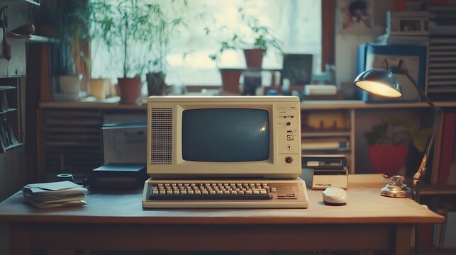 Warmly lit room with an old computer and keyboard on a desk evoking a vintage workspace atmosphere