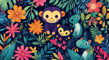 Fototapeta premium Cute and cheerful jungle design featuring monkeys, sloths, and crocodiles surrounded by vibrant florals and foliage