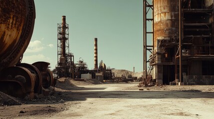 A stark industrial wasteland with rusty machinery and barren landscapes, Representing environmental degradation and industrialization's impact, photography style