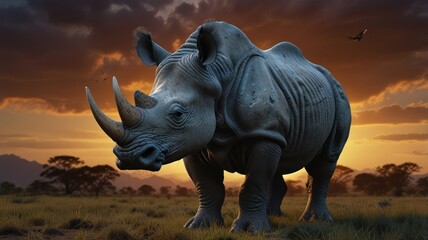 Fototapeta premium A rhinoceros stands in a grassy field at sunset with a dramatic sky behind it.