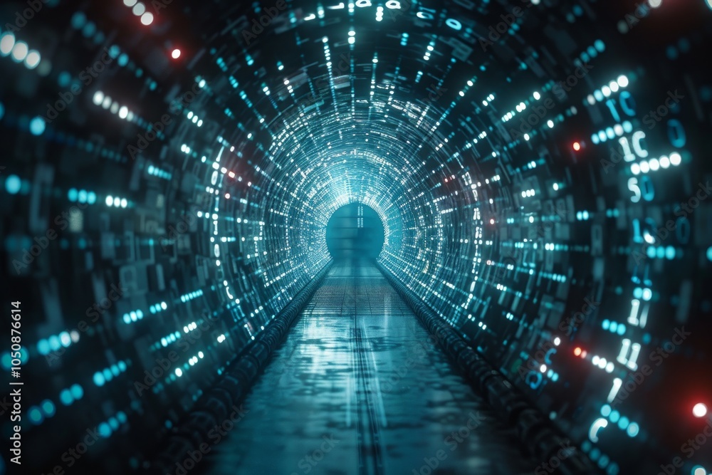 Poster digital data stream of numbers and letters in the dark tunnel with glow, futuristic background for t