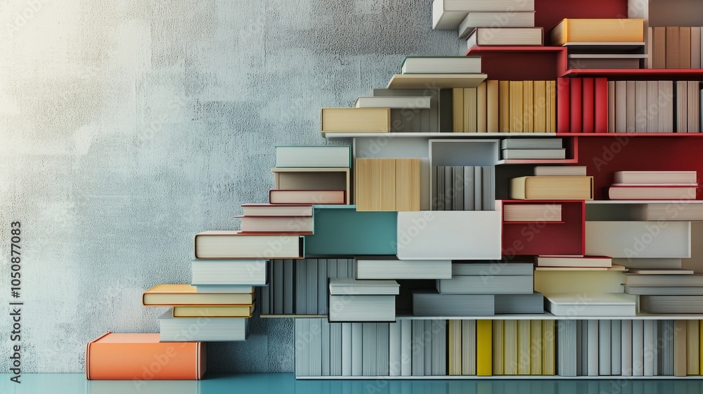 Poster A striking depiction of a diverse library, with books of various sizes and colors stacked together on a single shelf, Highlighting the importance of varied perspectives and knowledge sources