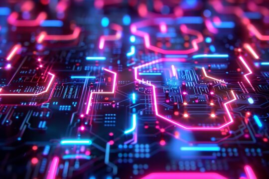 A vibrant neon circuit maze pulsing with energy,
