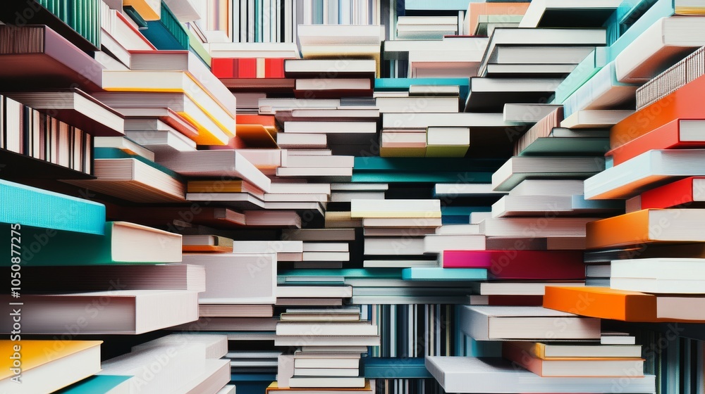 Poster a striking depiction of a diverse library, with books of various sizes and colors stacked together o