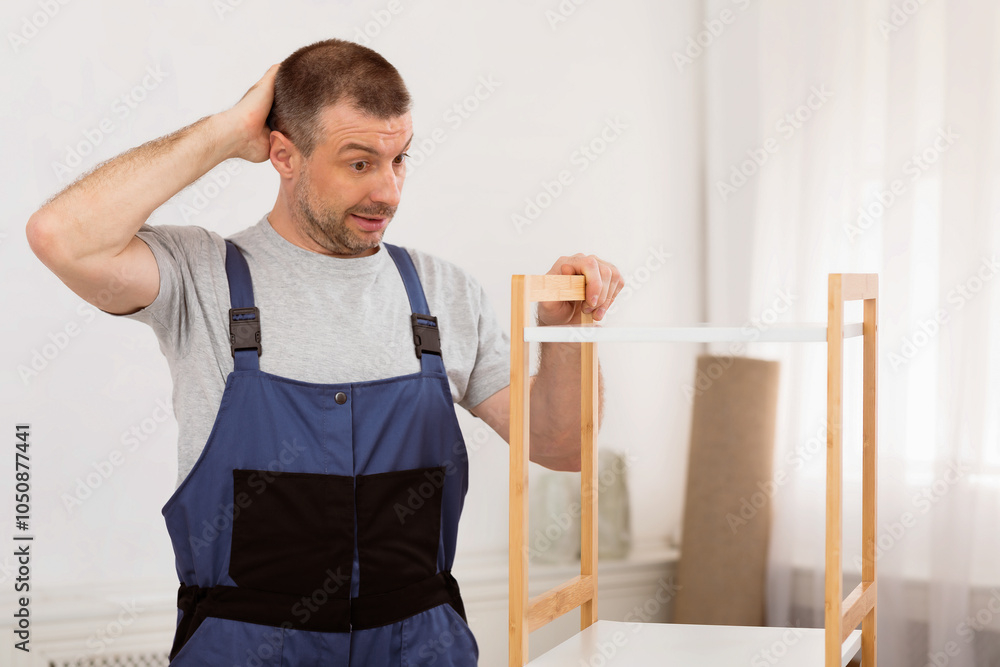 Poster furniture assembly problem. puzzled repairman scratching head assembling cabinet without instruction