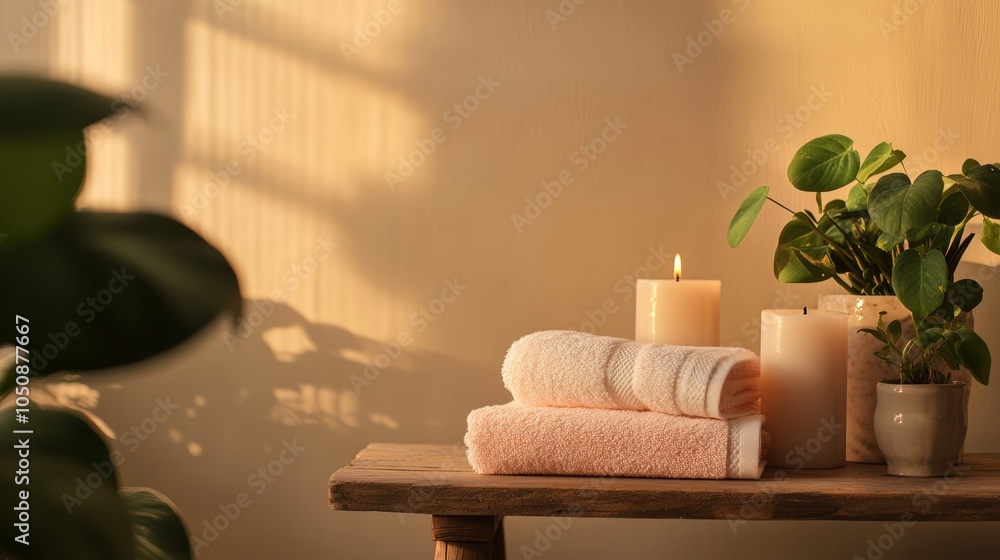 Aufkleber Burning candles and soft towels on a rustic table create a serene spa atmosphere, with cozy light and natural elements for relaxation