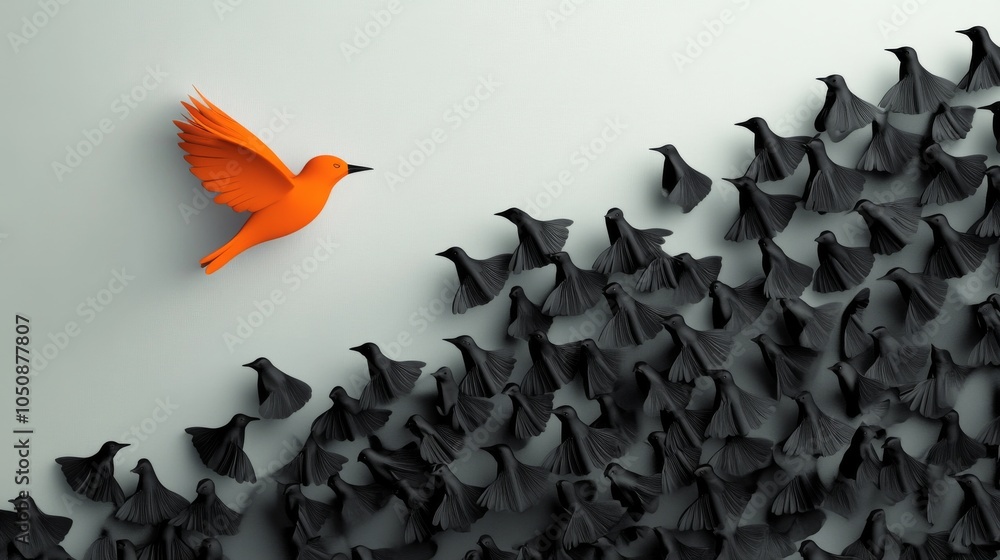 Poster a striking depiction of a single vibrant bird flying out of a flock of monochromatic birds, represen