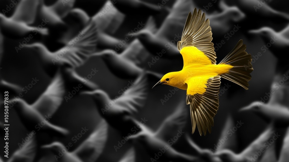 Poster a striking depiction of a single vibrant bird flying out of a flock of monochromatic birds, represen
