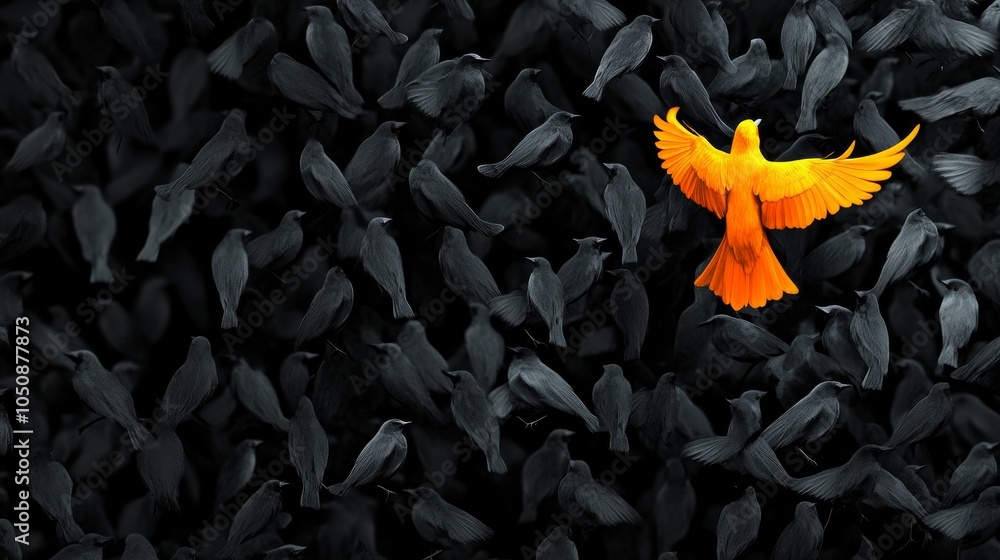Poster a striking depiction of a single vibrant bird flying out of a flock of monochromatic birds, represen