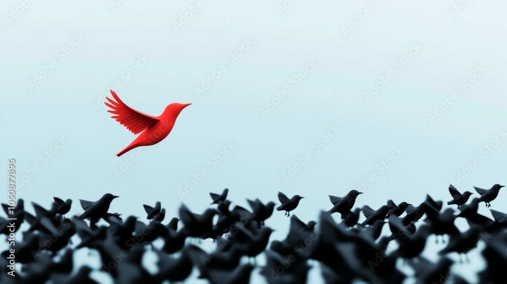 Poster a striking depiction of a single vibrant bird flying out of a flock of monochromatic birds, represen
