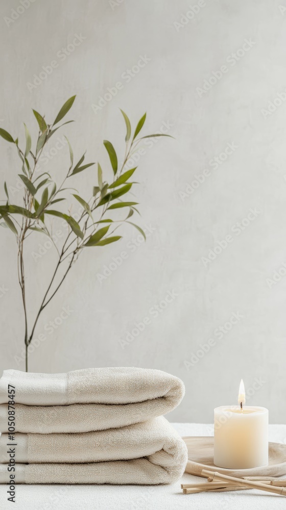 Poster Eucalyptus branches, towels and a burning candle are placed on a table creating a relaxing atmosphere. This image evokes the wellness treatments provided in a spa