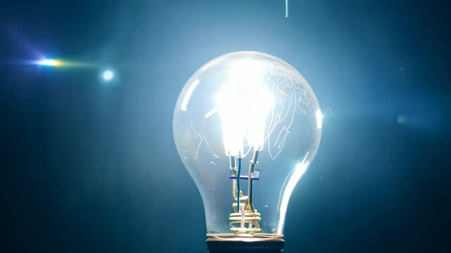 Glowing light bulb on dark blue background. Creative thinking concept. Technology startup and business idea. Problem solving. Energy solution