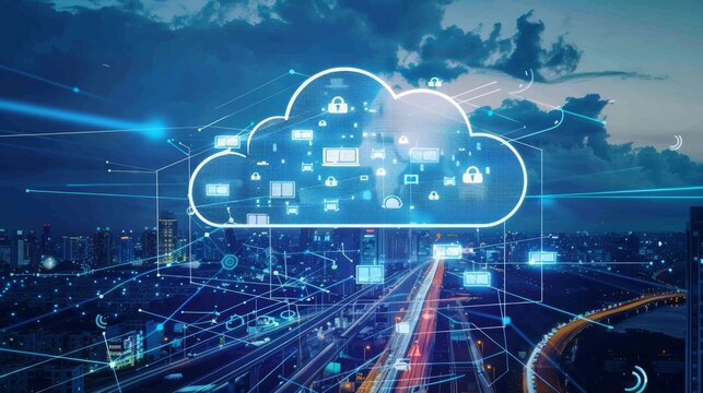 Cloud computing concept. Smart city. Communication network with cloud logistics transfortation.