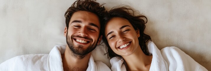 Man and a woman are lying down with their eyes closed, smiling and wearing bathrobes. They're enjoying a relaxing moment at the spa