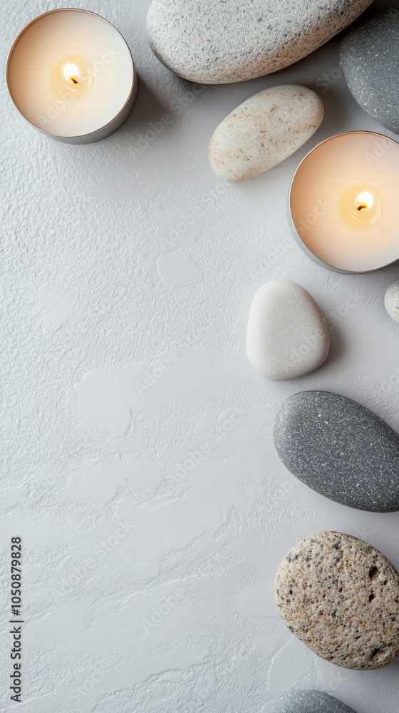 Poster burning aromatherapy candles and spa stones are lying on a white textured background, creating a rel