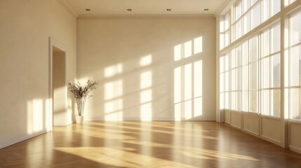 Fototapeta premium Empty sunlit room with wooden floor and large windows casting soft shadows