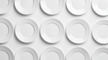 Rows of white plates arranged in a grid on a light background