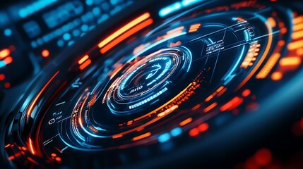 Glowing Orange Circle Piercing Darkness on HighTech Computer Screen Image