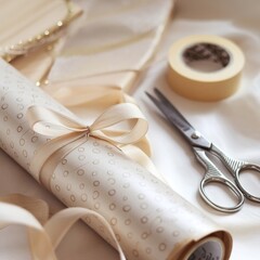 Elegant DIY craft preparation featuring a rolled neutral patterned paper scroll tied with a satin ribbon, vintage scissors, and tape for luxury gift wrapping.