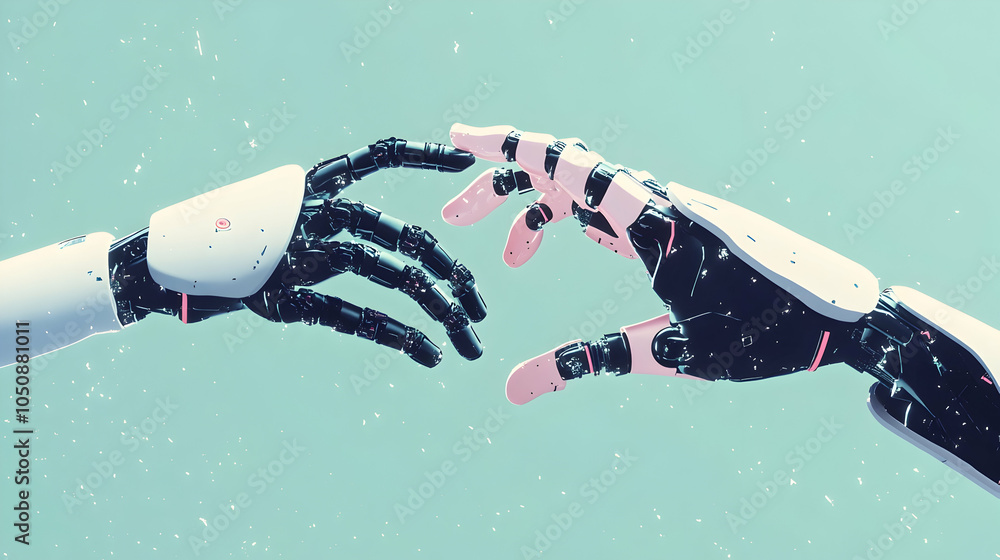 Poster ai and machine learning concept with robot and human hands touching -