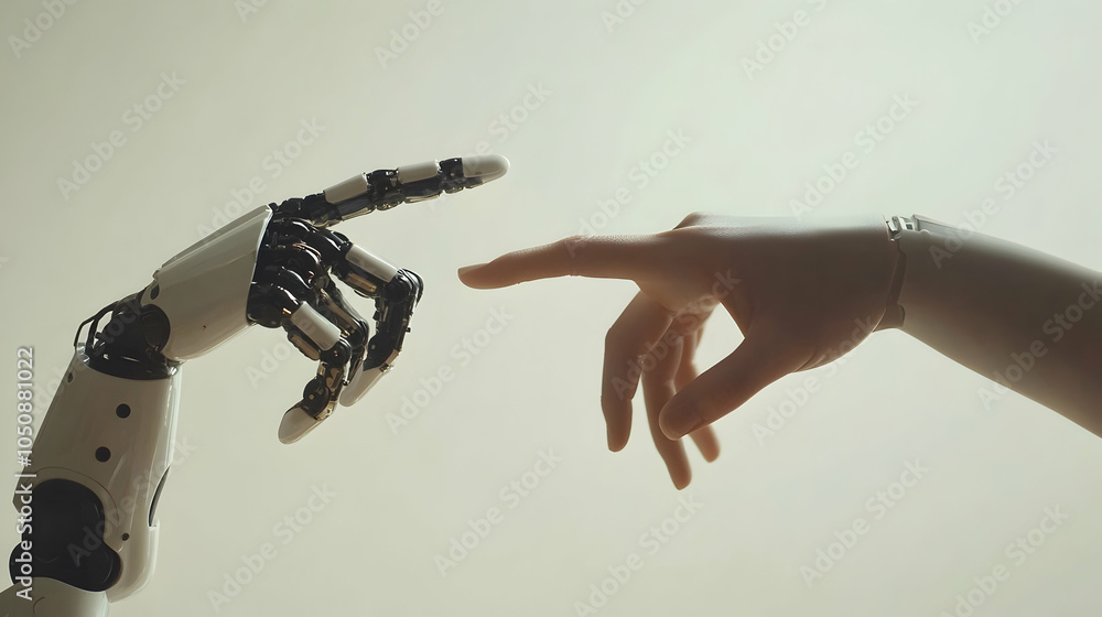 Poster ai and machine learning concept with robot and human hands touching -