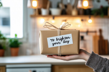 Hand holding a gift wrapped in brown paper and twine, with a note saying "To brighten your day" in a warmly lit, cozy kitchen. Concept: thoughtful gift