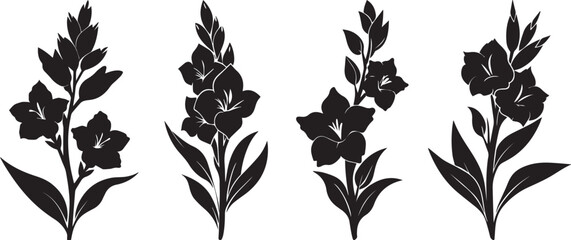 Flowers with Tree 04 Set Bundle Silhouette Vector Style Illustration, gladiolus flower silhouette vector illustration on a white background