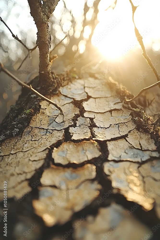 Poster close-up of textured bark on a fallen tree, illuminated by warm sunlight filtering through the branc