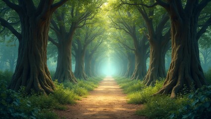 Mystical forest path with watching tree eyes  embracing branches