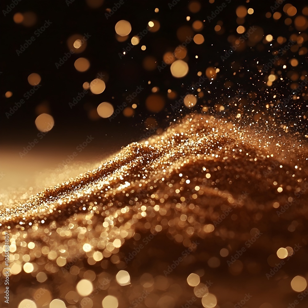 Poster a close-up shot of shimmering golden sand, illuminated by soft light, creating a dreamy bokeh effect