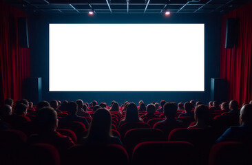 People in the cinema watching a movie. Blank empty white screen. People silhouettes in the cinema