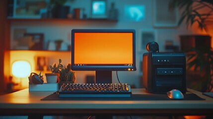 Classic computer mouse and keyboard setup on a desk with a soft warm light bringing a retro tech workspace to life