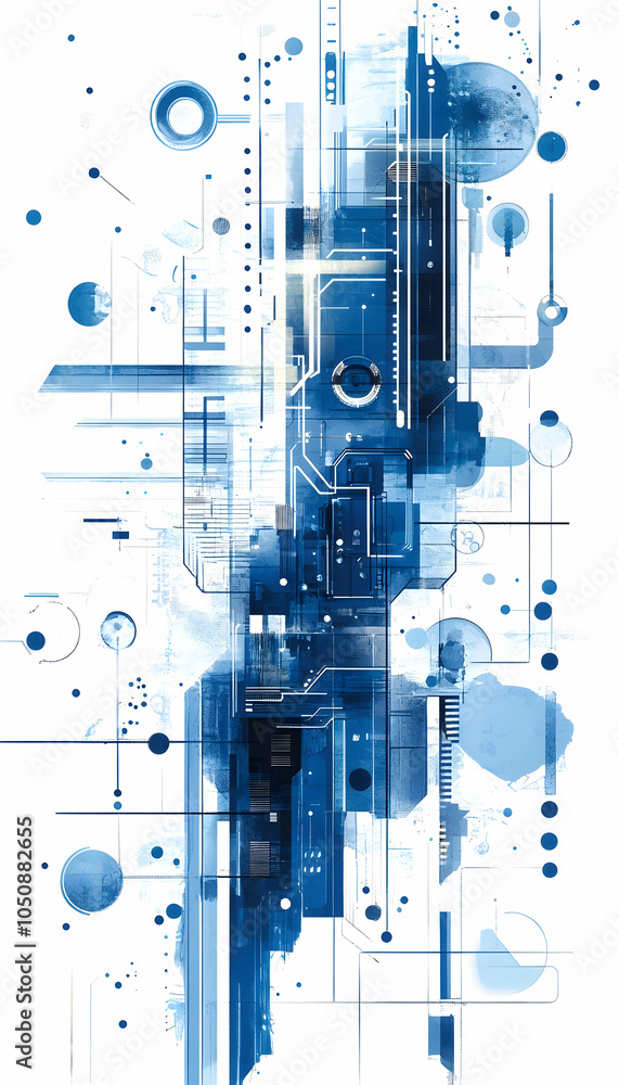 Poster blue and white circuit design, showcasing high-tech engineering and minimalistic tech patterns-