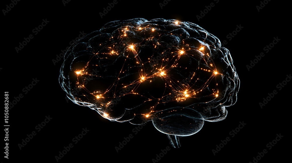 Poster brain with glowing neural connections on a dark background representing neural activity -