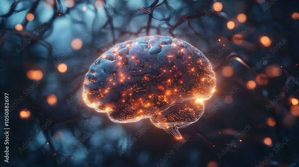 Poster brain circuit board concept with glowing lights representing artificial intelligence -