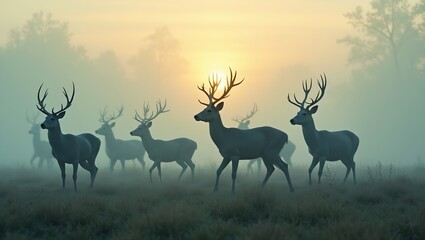 Ethereal deer wandering in foggy meadow at dawn - Powered by Adobe