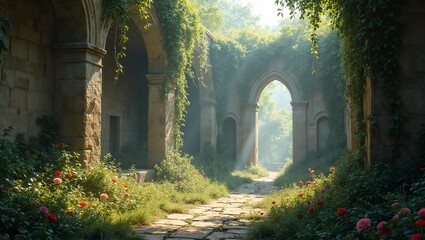 Fototapeta premium Ancient temple overgrown with vines and flowers sunlight peeking through
