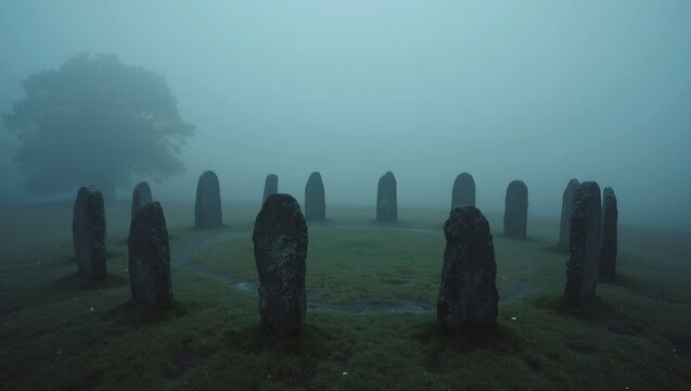 Mysterious stone circle on foggy moor with glowing pulsating stones